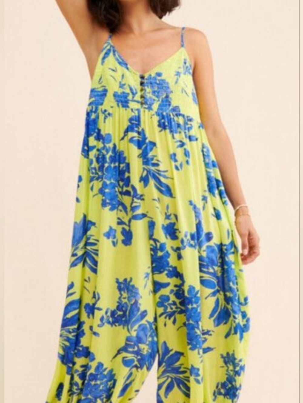 Boho Anthro Jumpsuit  in Lime Green and Cobalt Blue XS